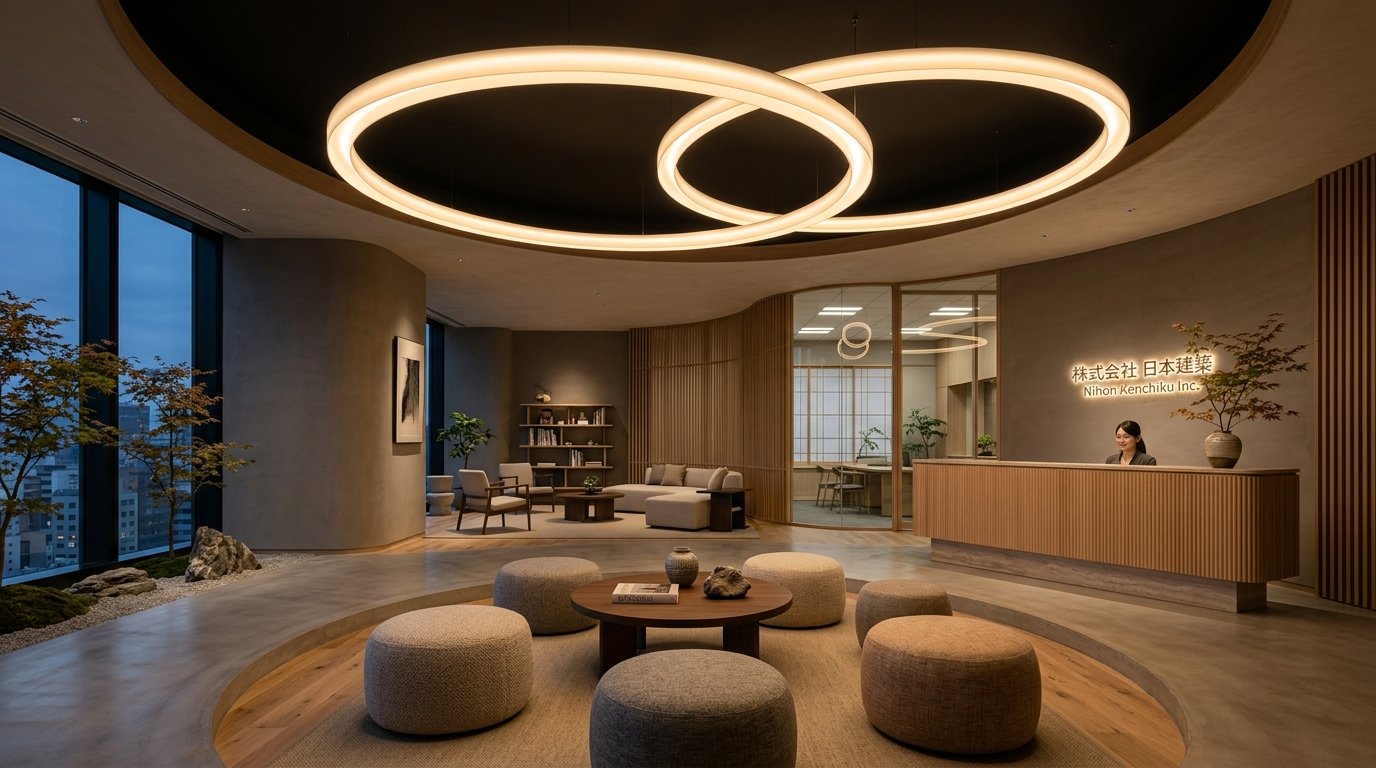 TOTSU GROUP architectural office reception and circular ring lights